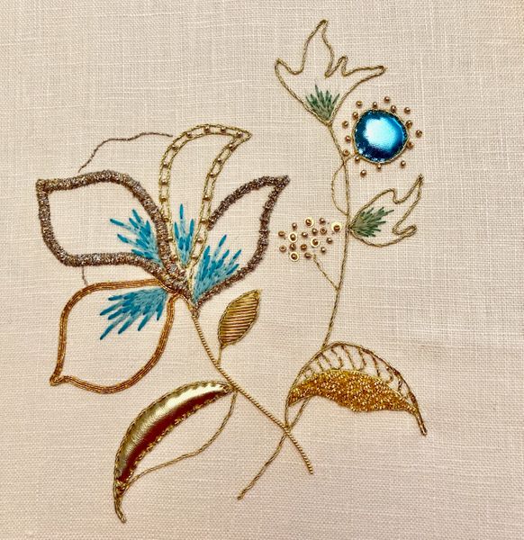 Design created to cover a comprehensive range of Goldwork embroidery stitches and techniques.
