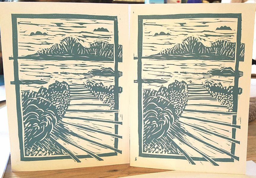beautiful linocut cards made by a workshop guest
