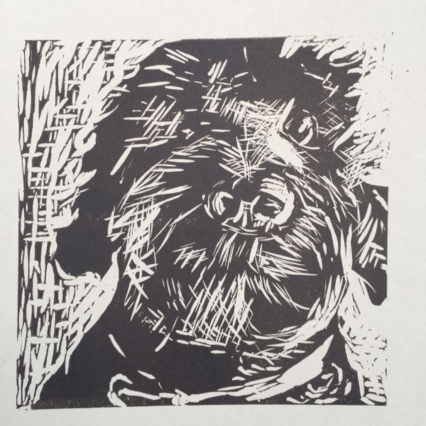 lino print made by beginner student of her dog