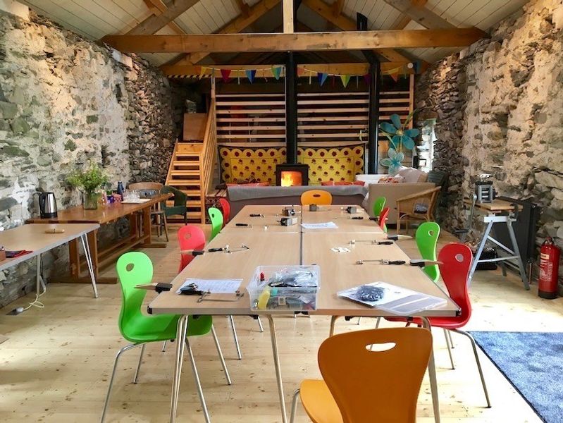 Art studio space set out ready for Sea Glass Workshop at Cowshed Creative