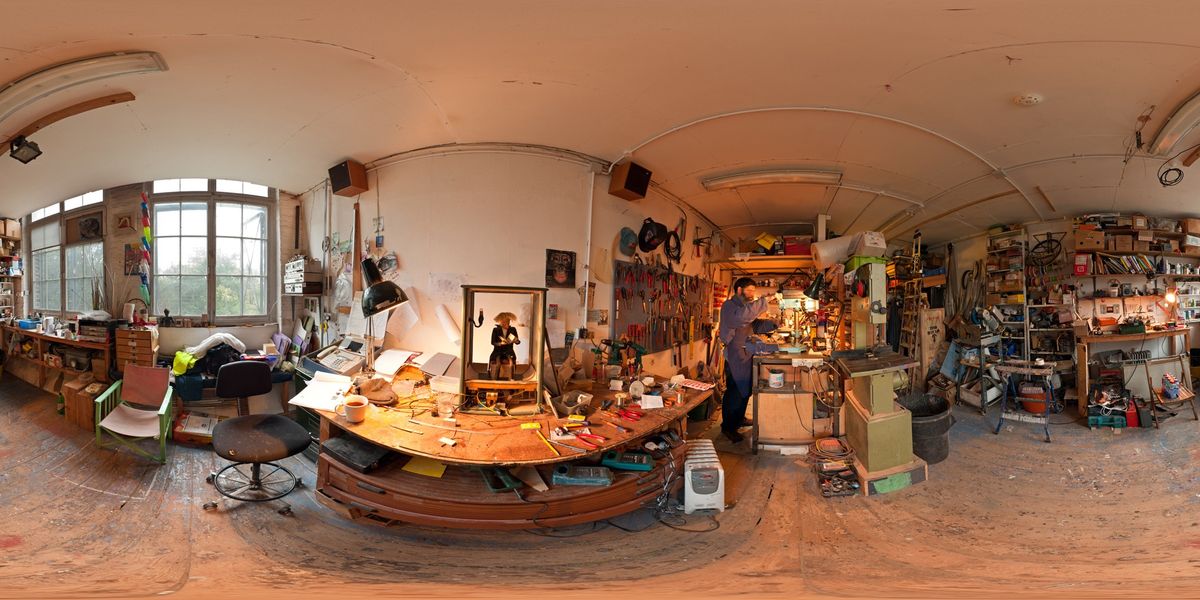 My workshop unfolded by 360 degree photo magic. Shown here working on my Sneeze automaton