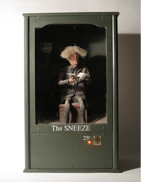 'The Sneeze' I made this coin op automaton inspired by the Quay Brothers style of figure. He sneezes and dust flies of his bookNow at M arvin's Marvellous Mechanical Museum, Detroit.