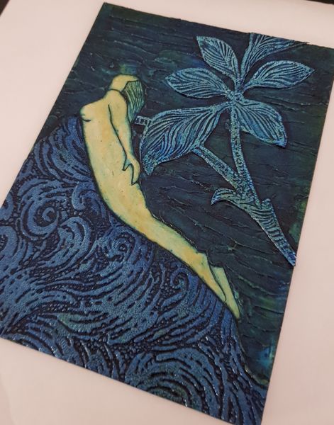 A beautiful collagraph plate made by Alice, who loves outdoor swimming.