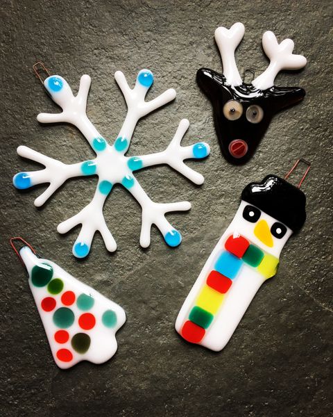 Festive collection of fused glass decorations for your tree at Rainbow Glass Studios N16 0JL
