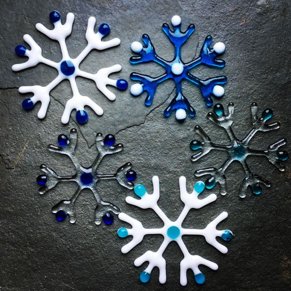 Snow is falling all around us....at Rainbow Glass Studios Fused Glass Christmas Decorations Course!