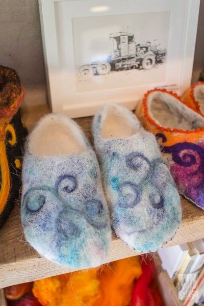 Alpaca felt slippers with needle felted patterns