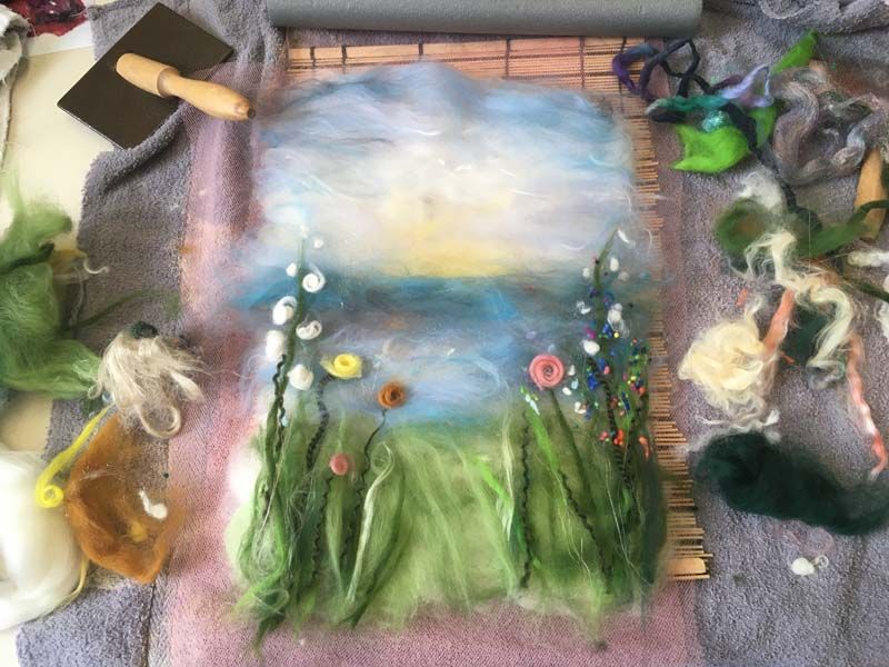 Painting with wool in progress by student