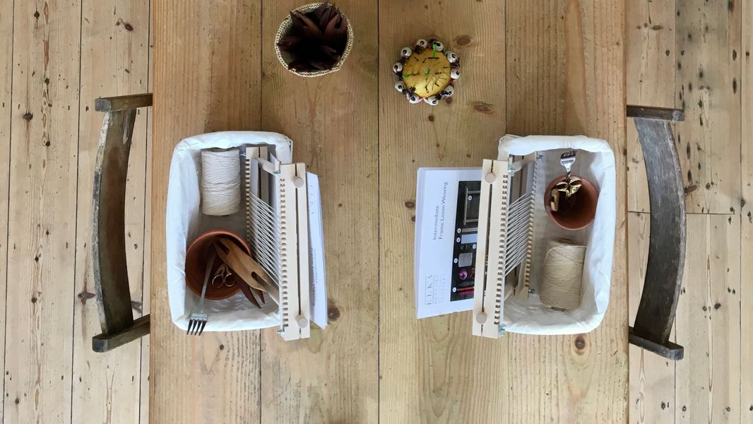 Students baskets filled with equipment and weaving tools at the beginning of a workshop