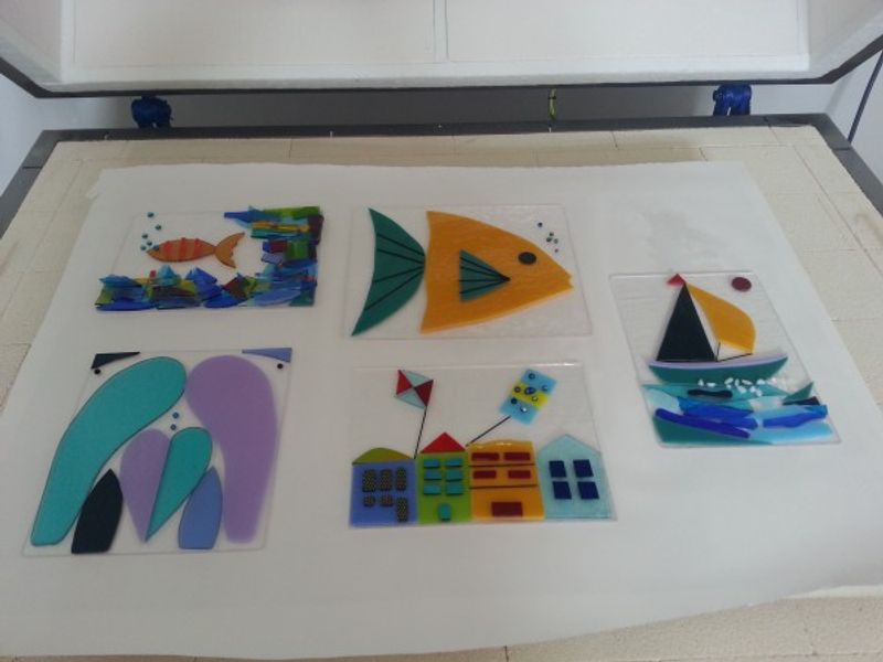 Panels ready for firing from Glass Fusing Taster Day in Margate