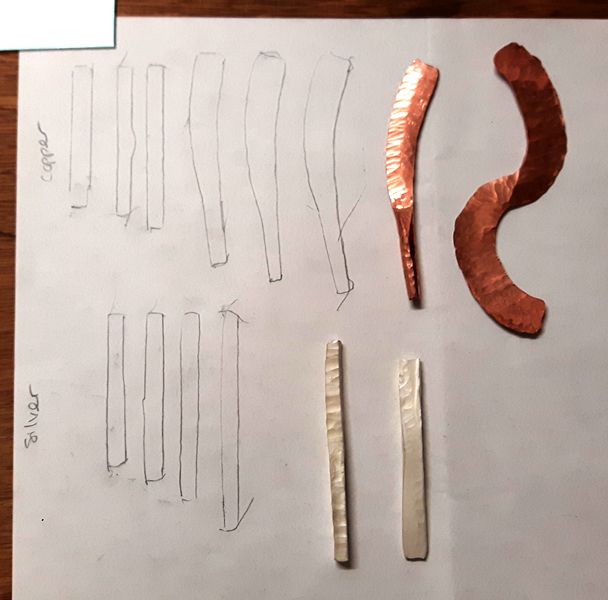 The results of the first day, with copper test pieces and the start of the silver handles. See how they've grown!