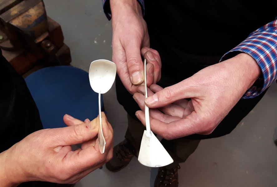 Ian and Mary's finished silver spoons, ready for hallmarking.