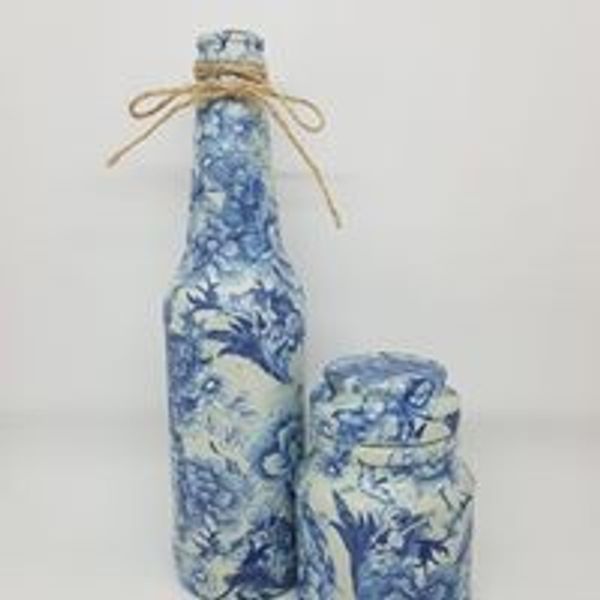 Decoupaged coffee jar and bottle by From Loft to Loved in Sedgefield