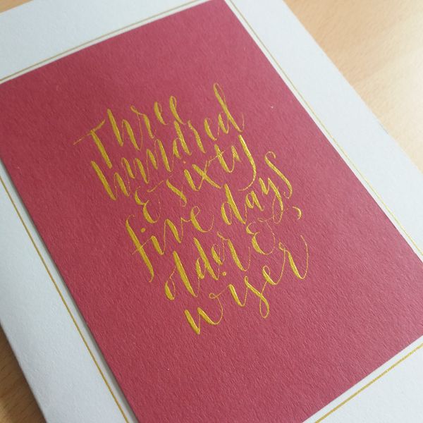 Modern calligraphy Birthday card using Finetec gold watercolour