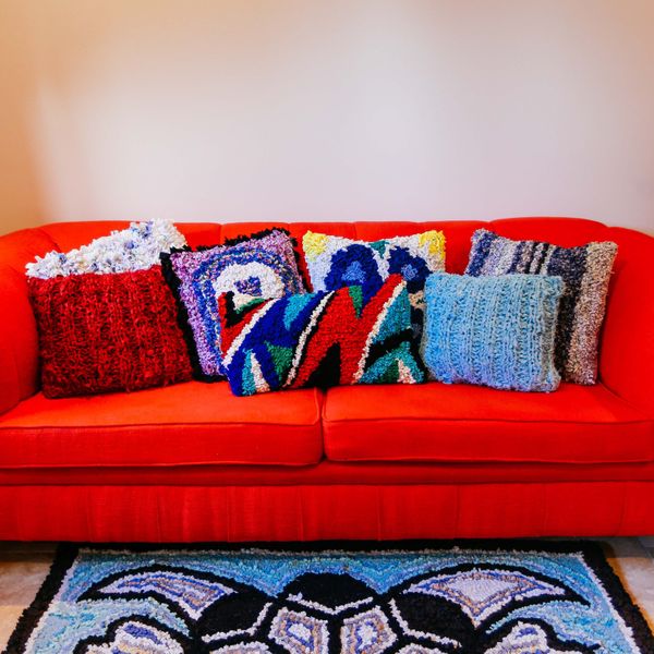 Colourful Rag Rug Cushions on the sofa