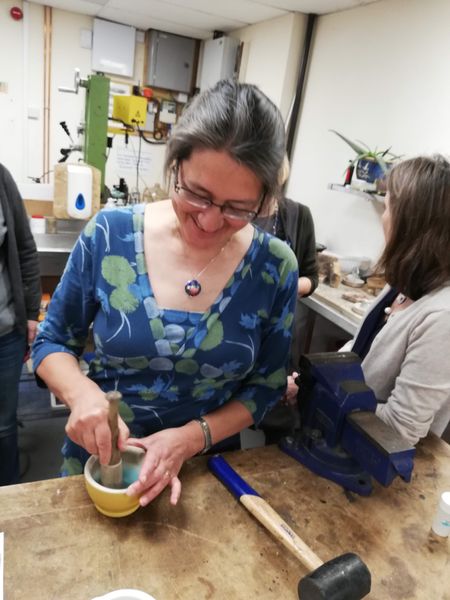 Grinding enamel at Cambridge Art Makers with Sheila McDonald