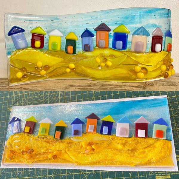 A students beachy scene before and after firing
