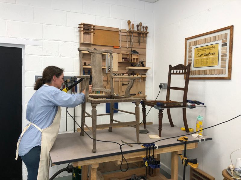 Restoration course day - working on a badly weather damaged chair. Joint consolidation, surface treatments and many other skills.