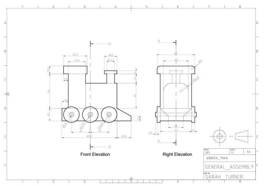 Wooden train technical drawing in AutoCAD