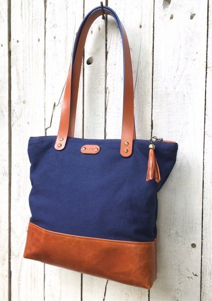 Navy canvas & tan leather tote bag