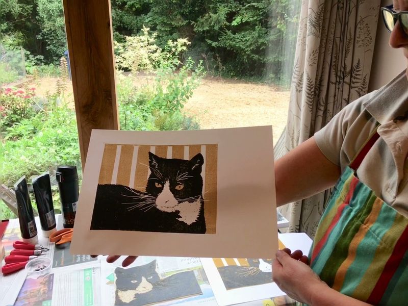 Sharon's 2 colour reduction linocut of her cat