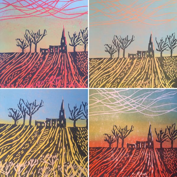 Two layered lino reduction in response to a local Cambridgeshire landscape.