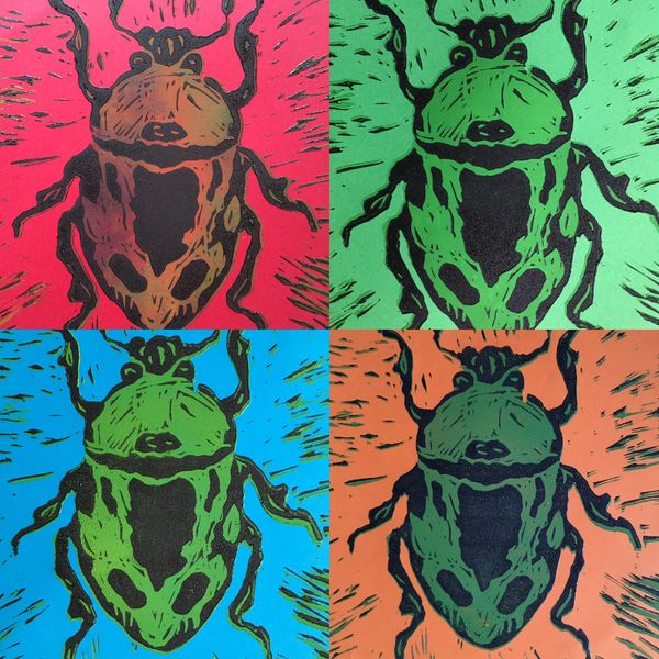 Fabulous multi-coloured layered lino print bugs