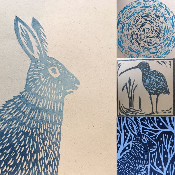 Birds, bunnies and little fishes in soft, graduated lino ink colours
