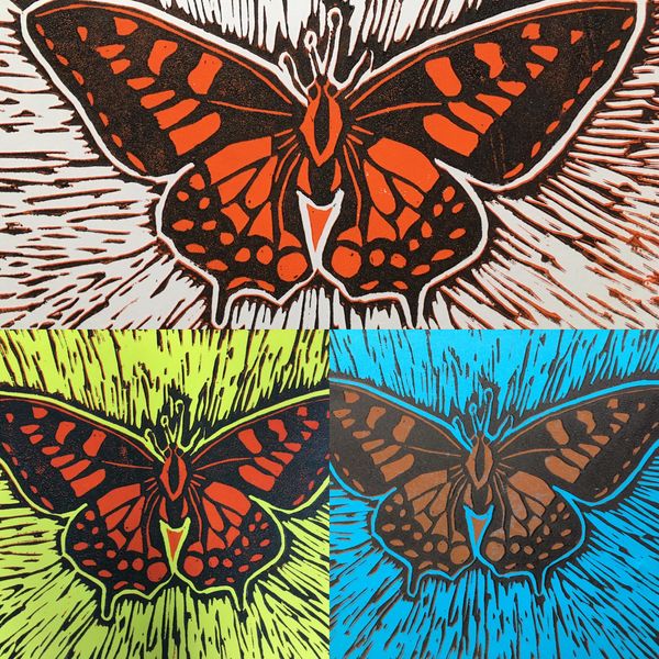 Experimenting with colour combinations with linocut at the workshop in Cambridgeshire