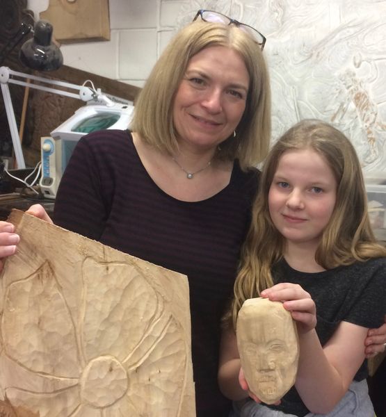 Mother &   Daughter.Ambitious carvings with Jason Turpin-Thomson.Woodcarving Course, Sheffield.