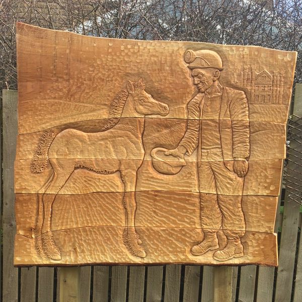 Pit Pony. Garden Commission -Carved oak panel by Jason Turpin-Thomson, Sheffield.
