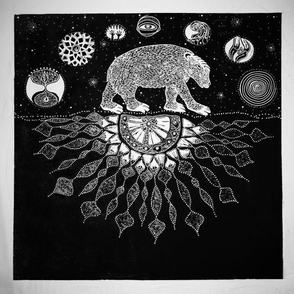 Night Bear linocut by A Rolston