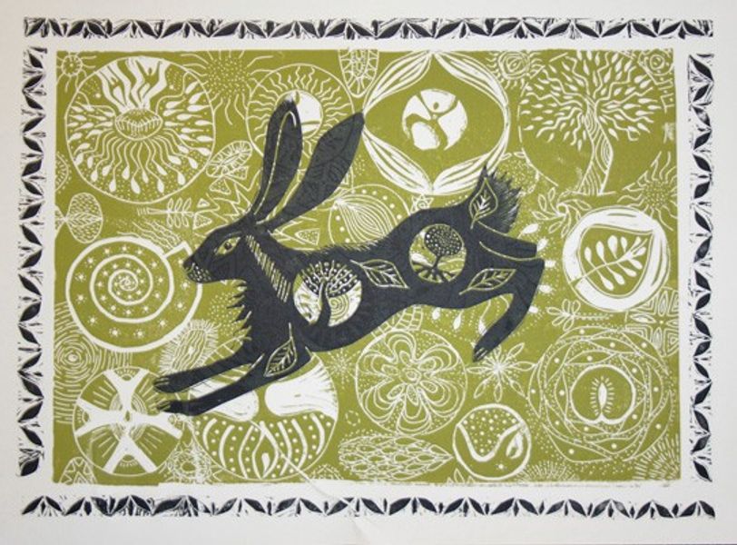 Spring Hare linocut by A Rolston
