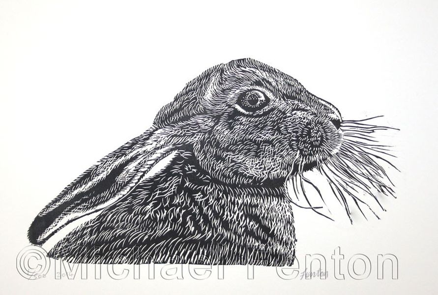 Hare linocut by M Fenton