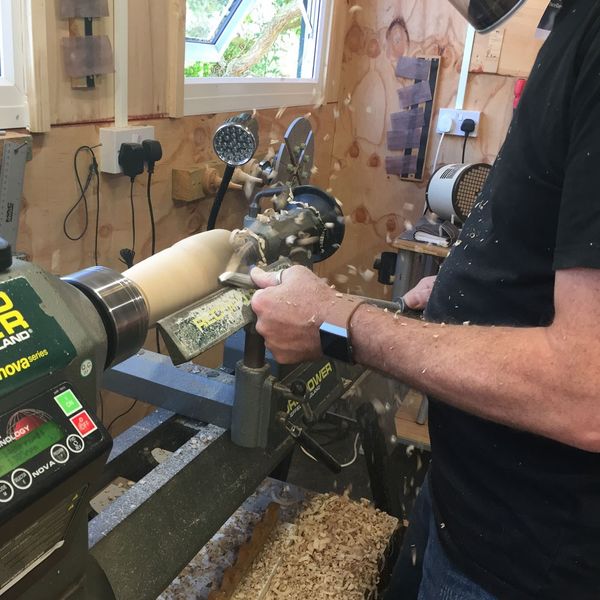 Roughing out a piece on the lathe.