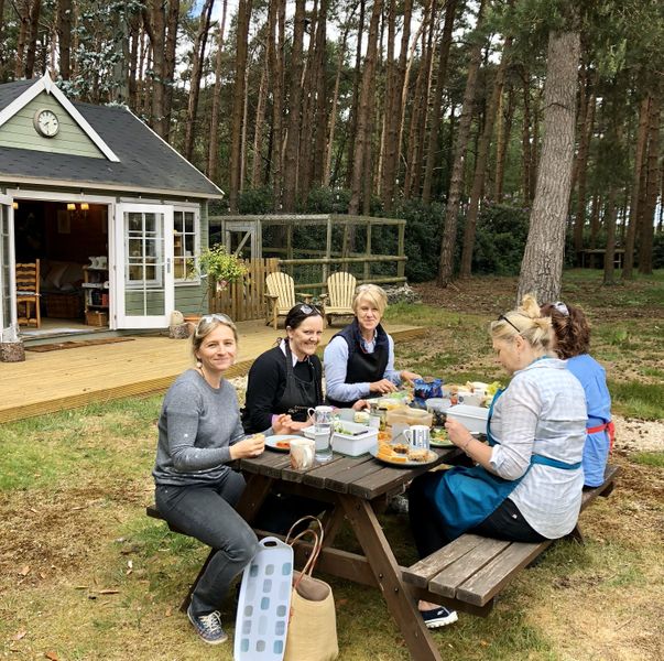 Sunny picnic lunch on woodland meadow outside Lightwave Jewellery Studio