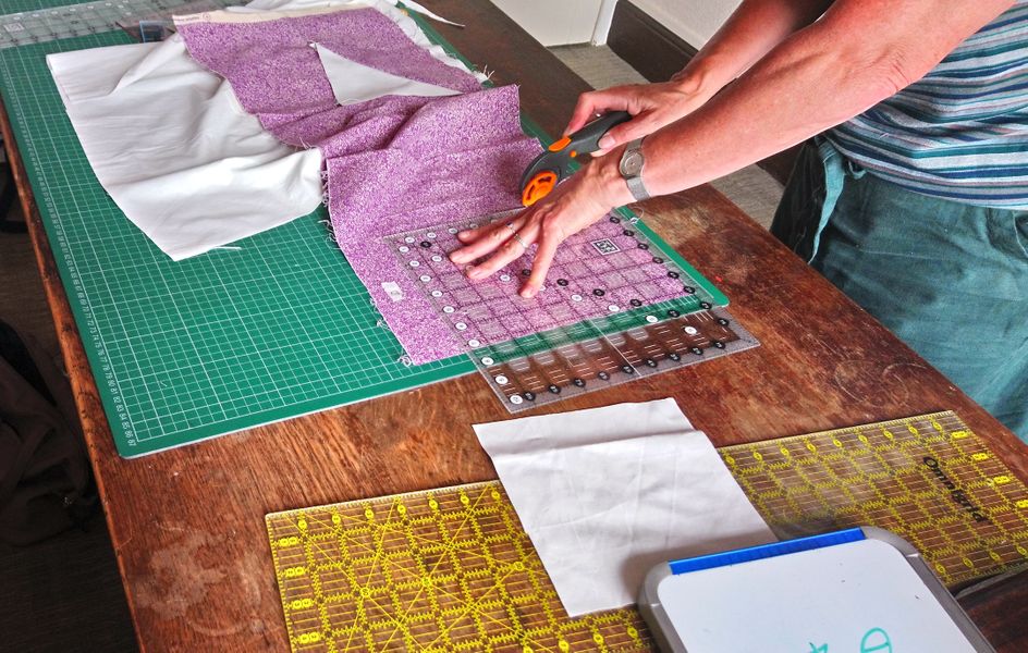 Cutting fabric, Quilt in a Day class, with Amanda Jane Ogden 
