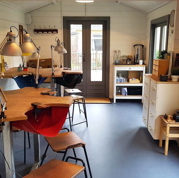 Inside the jewellery workshop. Silver jewellery making workshop space. jewellery studio Wales.