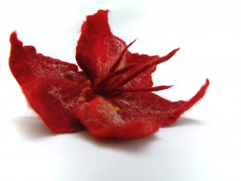 Scarlet Felted Flower Brooch