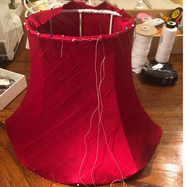 Lampshade stitching an emperor red silk traditional tailored lampshade