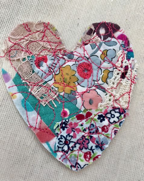 Fabric scrap appliqué with free-machine embroidery by Sue at the embroidery class in with Dawn Ireland Textile Artist.