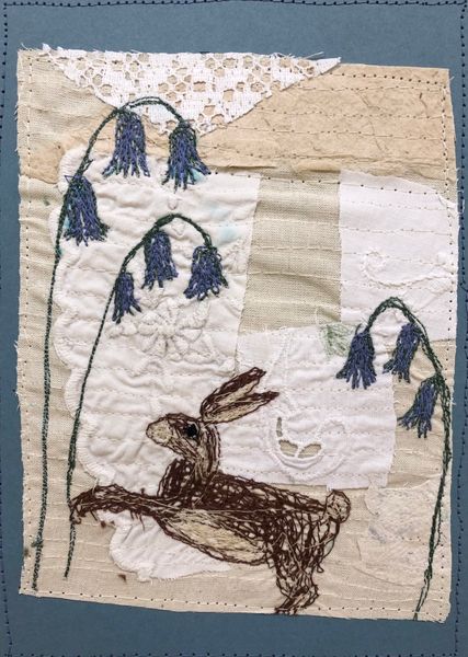 Debbie’s free-machine stitched rabbit with vintage fabrics. 
