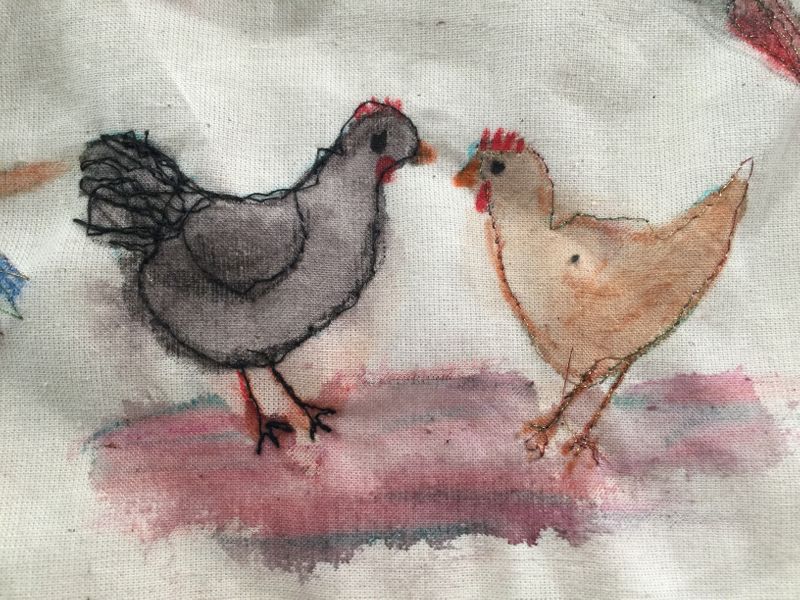 Fabric paints &amp; free-machine embroidery chickens made by Debbie at the classes run by Dawn Ireland