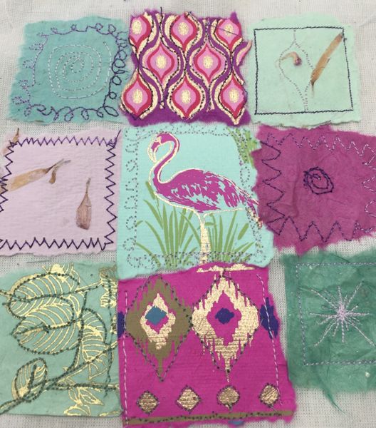 Beautiful patterned squares machine stitched with zig zag and free machine embroidery made at the class