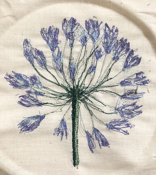 Students free-machine stitched agapanthus flower study from life at the weekly class