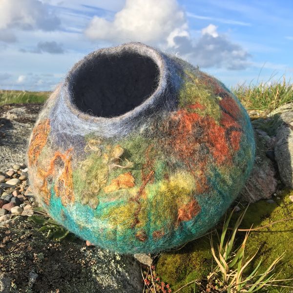 Felted bowl by student on felting holiday with Debra Esterhuizen