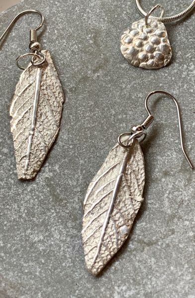 Leaf earrings using mould made from fresh sage leaf by Susan