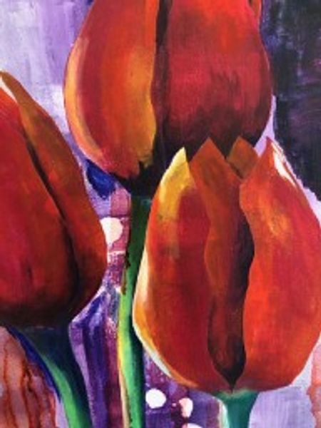 Large acrylic painting of tulips