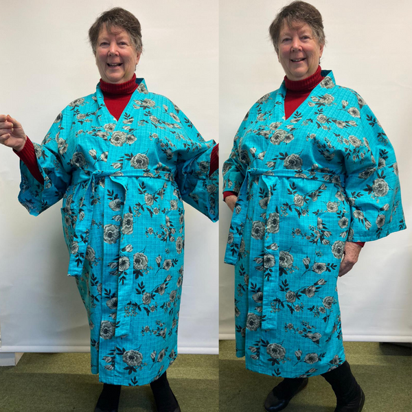 Wendy in her me-made Kimono Robe made at Sew In Brighton Sewing School, Hove, East Sussex