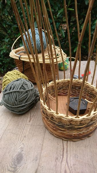 A variety of different coloured threads and willow.