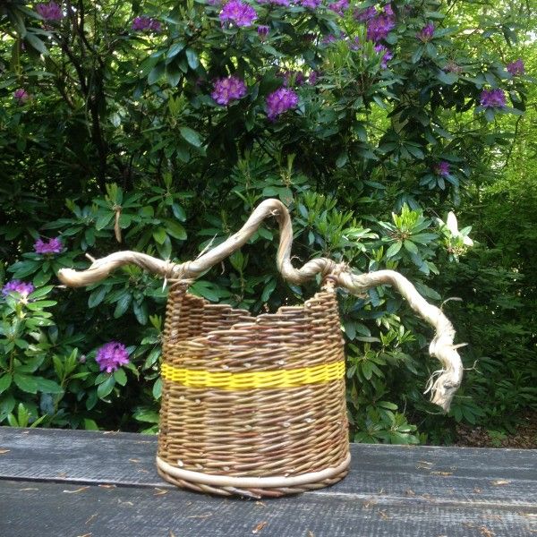 Round wood based basket with turmeric dyed cane and ivy handle.